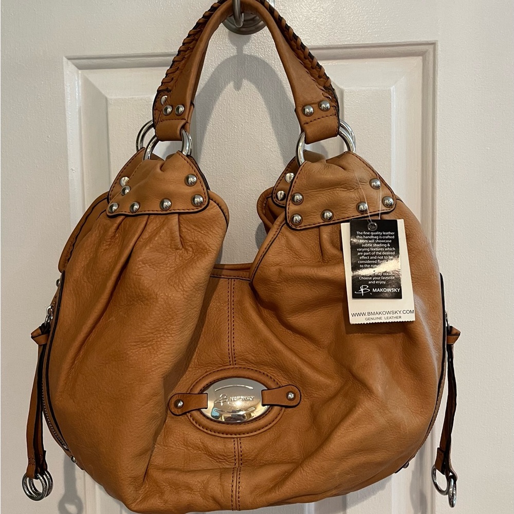 B. Makowsky Vintage Berlin Ball Tote Brown Leather with silver studs